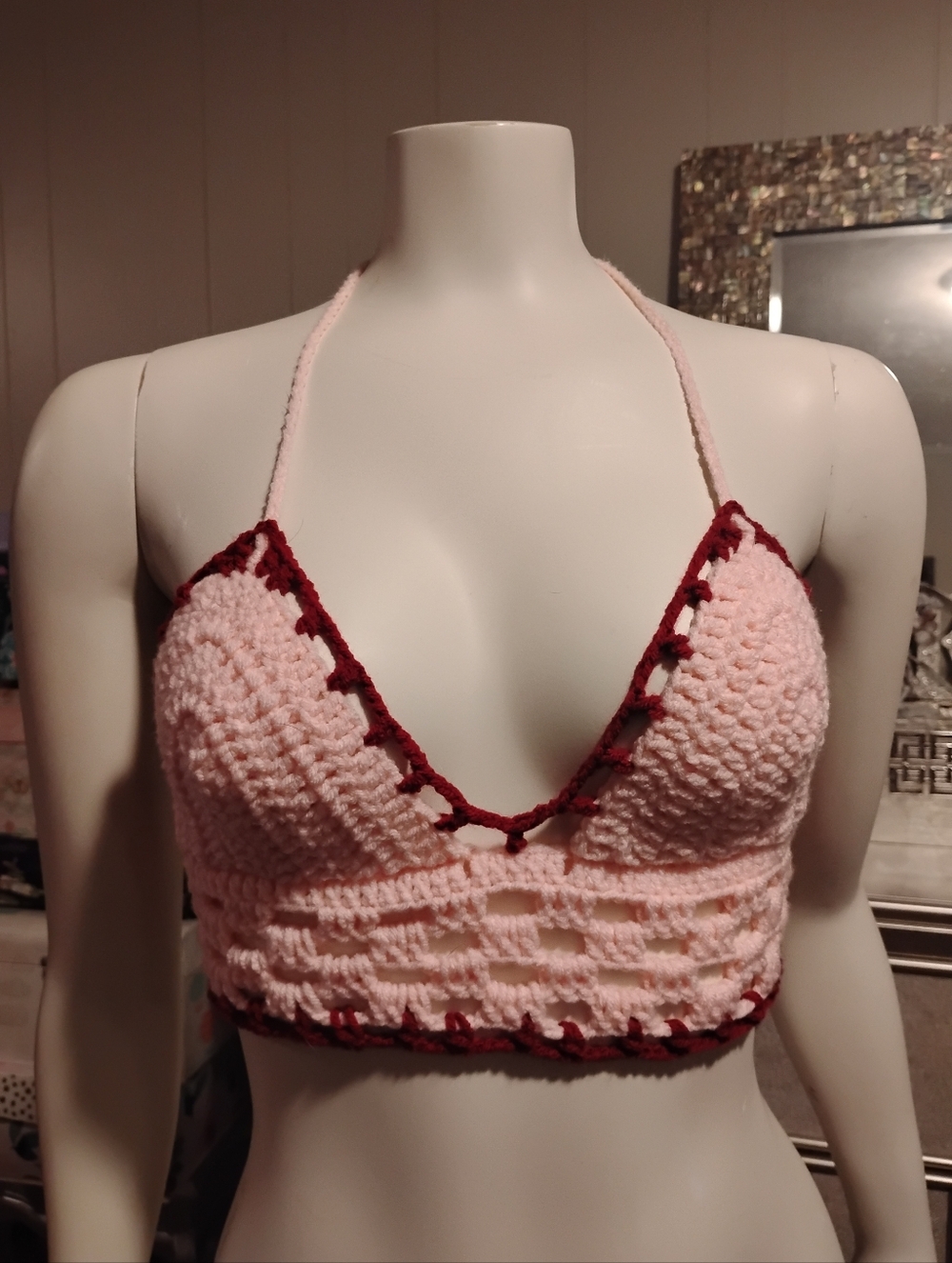 Handmade Pink Crochet Bralette with Maroon Trim